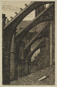 28918 Gezicht op vier luchtbogen van het koor van de Domkerk te Utrecht uit het oosten, met op de achtergrond een ...